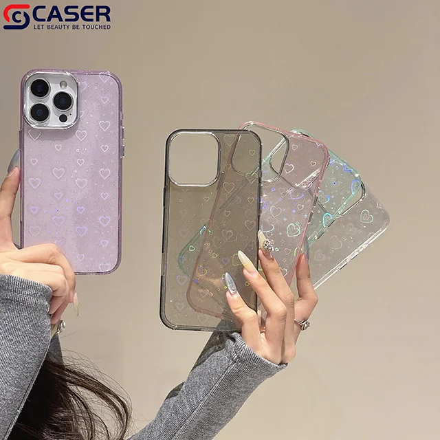 Laser Full-Coverage Love Motif Transparent Glitter Cute Girly Cell Phone Cases 13 14 15 16 Promax Plus for iphone 12 Pack of 10 - Image 4