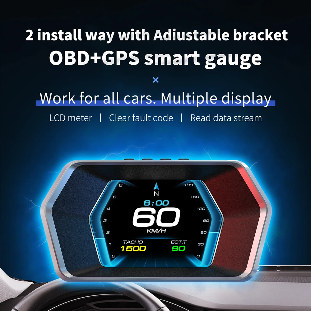 WIIYII OBD2+GPS Turbo Pressure P17 Head up Display Obd2 Gauge Speedometer Car Accessories Hud Obd2 Scanner for Vehicle - Image 2