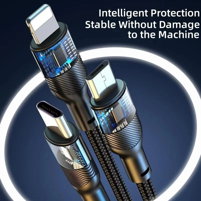 Multi Charging Cable 3 in 1 Nylon Braided Multi USB Cable Multiple Charger 66W 6A Fast Charging Cord for Mobile Phone Pack of 100 - Image 3