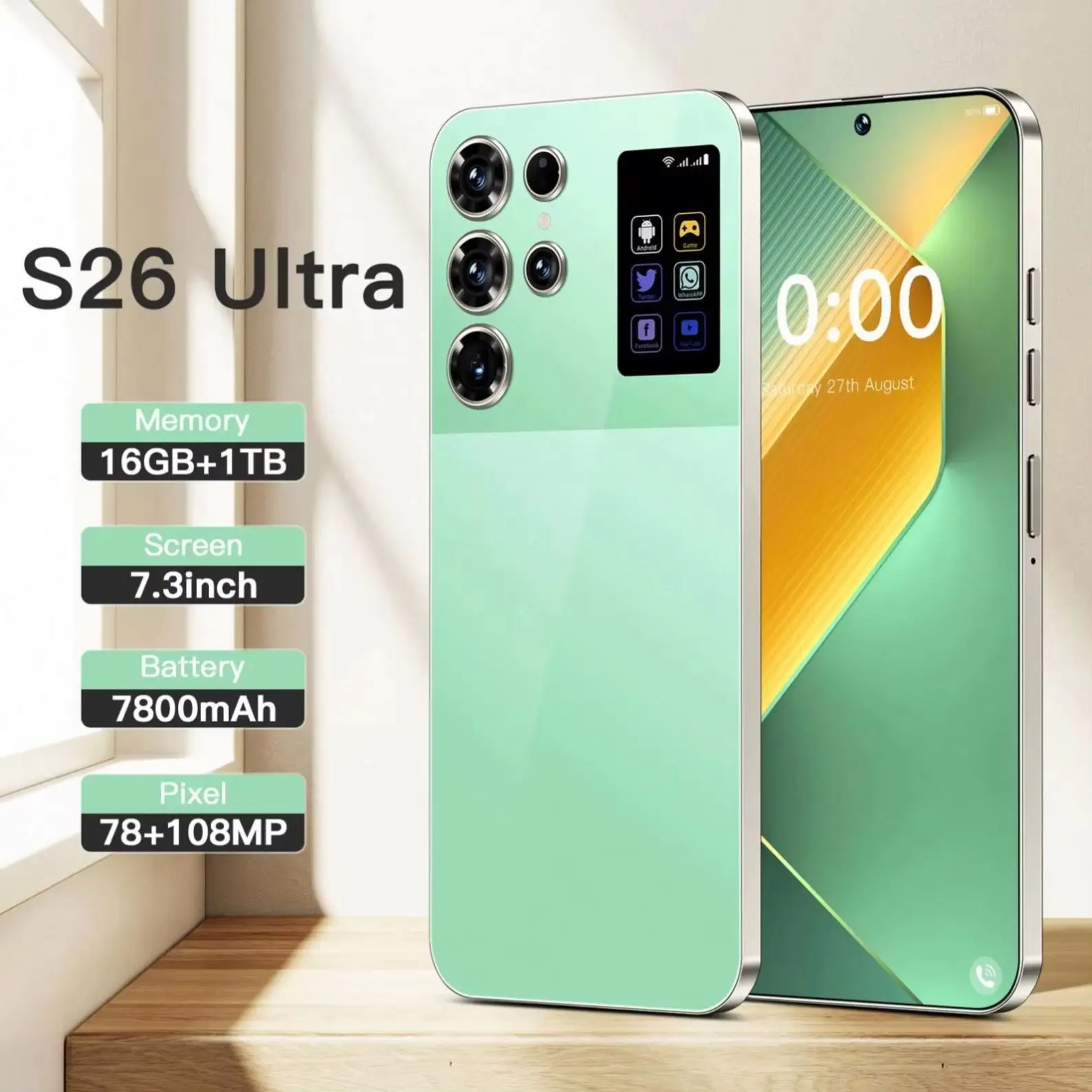 S26 Ultra 5G Smartphone 8G+256G 72MP+108MP Dual Camera Android 14 Full Display Face Unlock Decacore LTE - Image 2