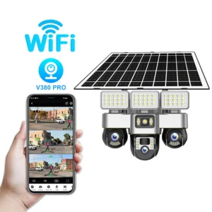 12MP 4G Solar Outdoor Security CCTV Camera Three Lens 3PTZ Floodlight Pan-Tilt Function V380PRO WiFi CMOS Motion Detection Pack of 2