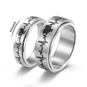 BINSHUO Decompression Spin Ring Stainless Steel Jewelry Black Anti Anxiety 6/8MM Heartbeat Rotating Couples Ring Set for Women