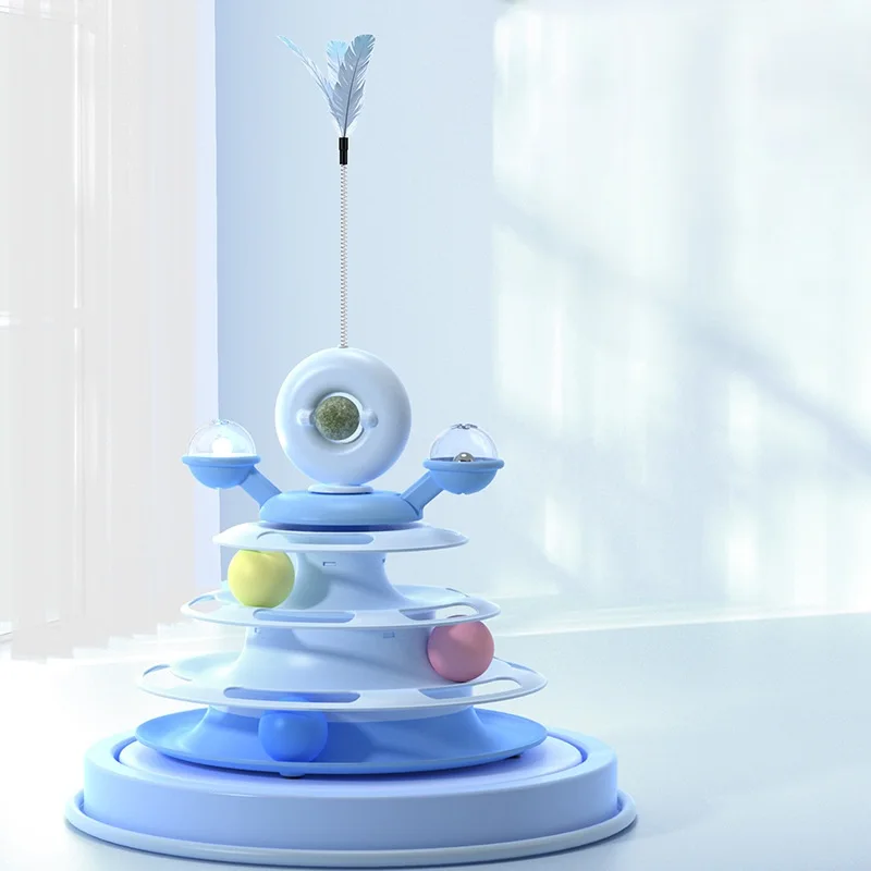 Small Volume Cat Interactive Toys 4-Tier Roller Track Smart Training Cat Turntable Cat Tower Toys with Colorful Chase Balls Pack of 2 - Image 4