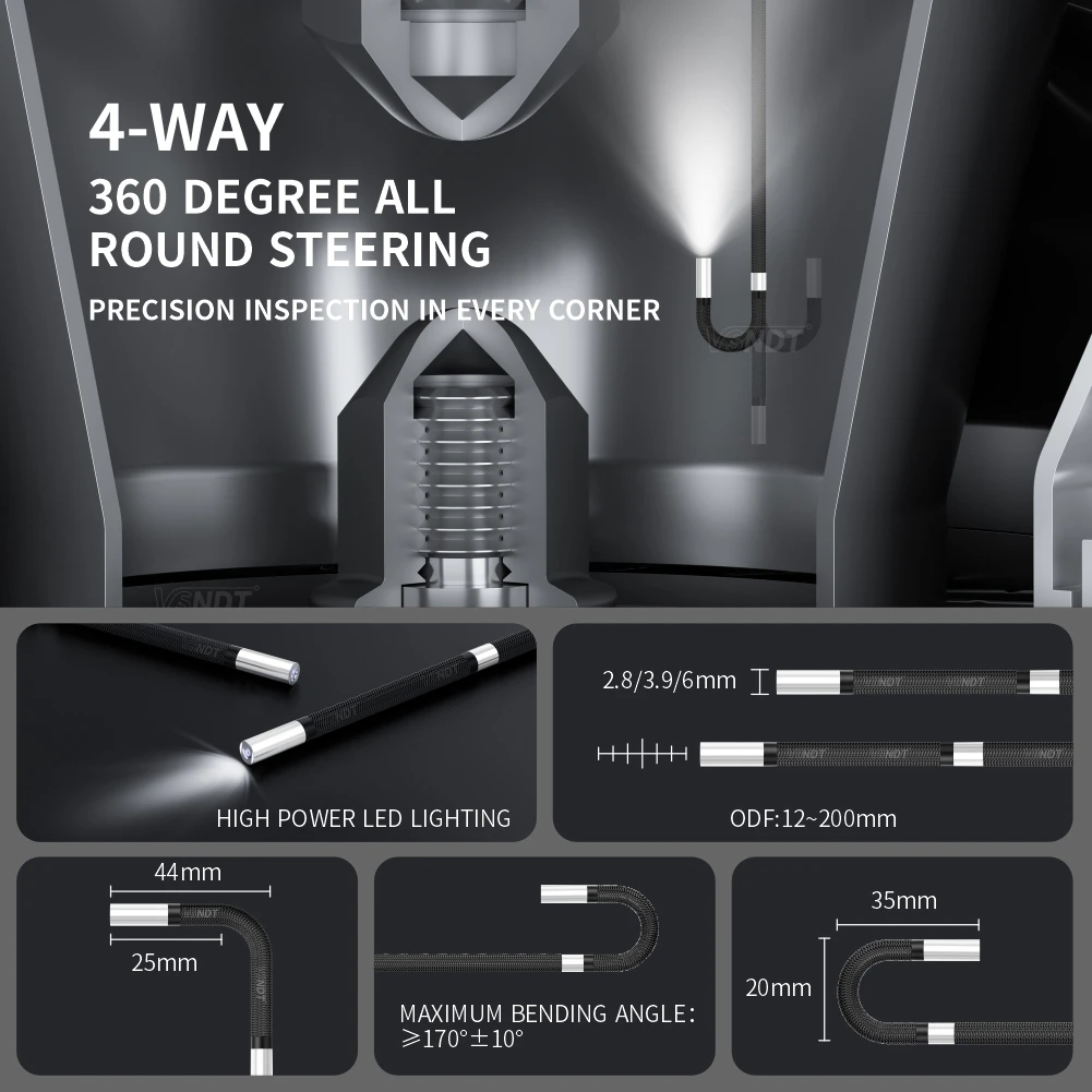 IP67 Waterproof Articulated Industrial Endoscope Camera,5 Inch HD Screen Flexible Borescope with CE Certified and 1m Cable - Image 3