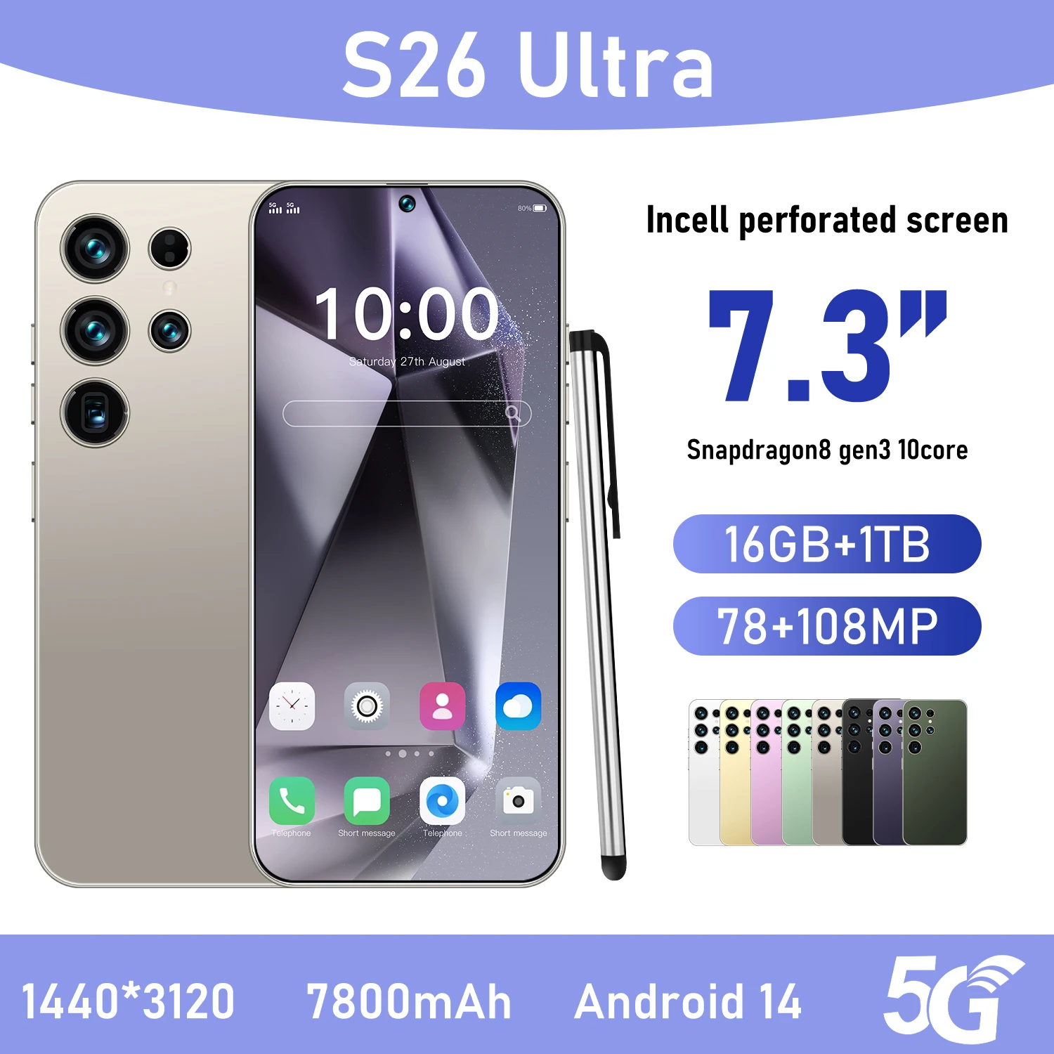 Unlocked S26 Ultra Smartphone 7.3 Inch Incell HD Screen 16GB+1TB Android 15 108MP Rear Camera LTE Spanish - Image 3
