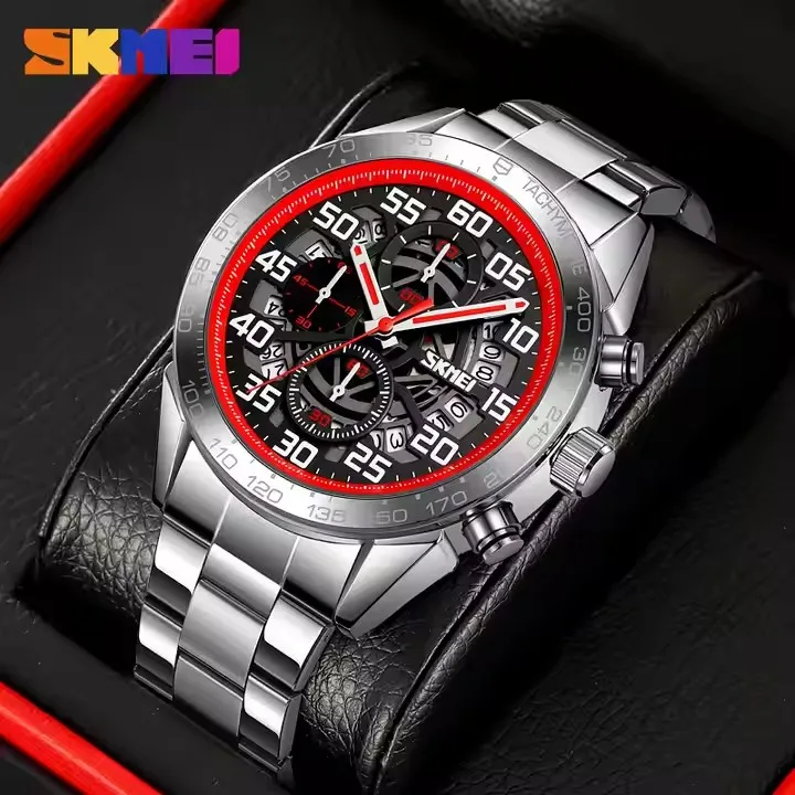 Guangdong Skmei 9338 Stopwatch Date Stainless Steel Quartz Watches Waterproof Relojes Men's Wristwatch for Men Montre - Image 2