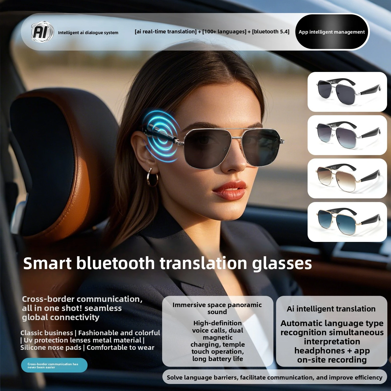 MZT GY100 AI Translation Bluetooth 100 Multi-language Real-time Translation Glasses Listening to Songs Call Smart Glasses