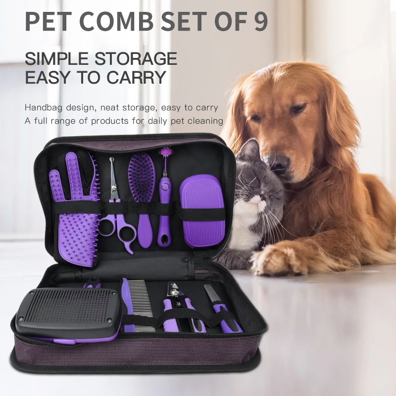 Factory Wholesale Portable Multifunction 9 in 1 Cat Grooming Tool Kit Cleaning Bag Dog Pet Brush Set - Image 3