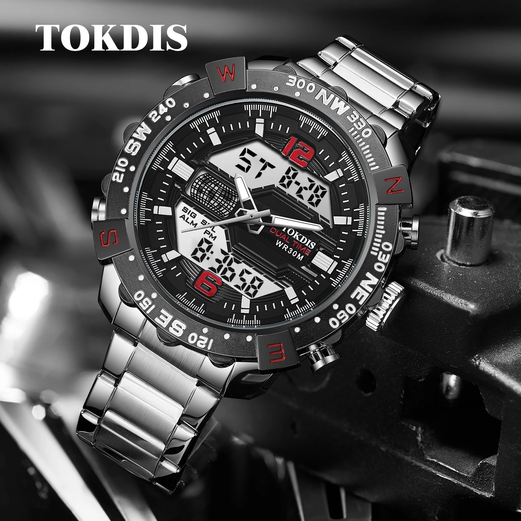 TOKDIS Men's Fashion Sports Watch with Stainless Steel Strap Waterproof Electronic Stopwatch Double Display Alloy Case Pack of 5 - Image 3