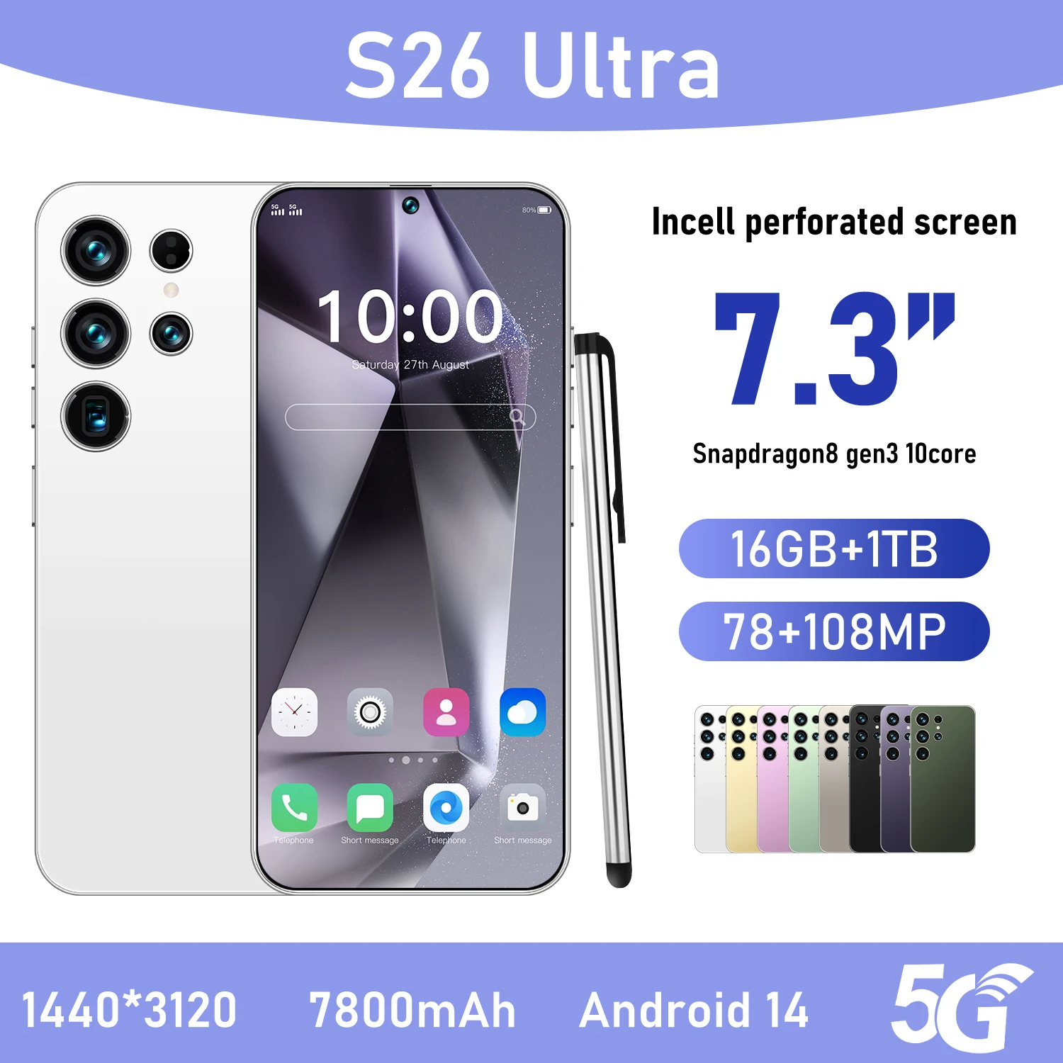 Unlocked S26 Ultra Smartphone 7.3 Inch Incell HD Screen 16GB+1TB Android 15 108MP Rear Camera LTE Spanish