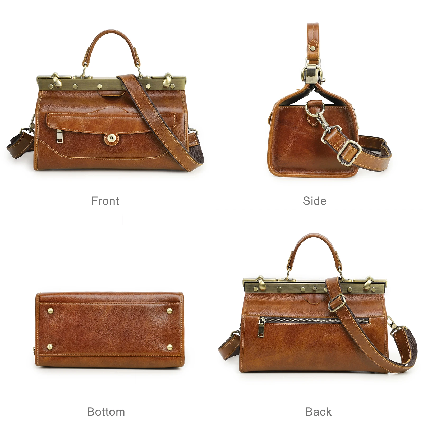 Vintage Luxury Mini Box Handbag for Women Full Grain Vegetable Tanned Leather High-End Handtasche with Elegant Doctor Bag Style - Image 2