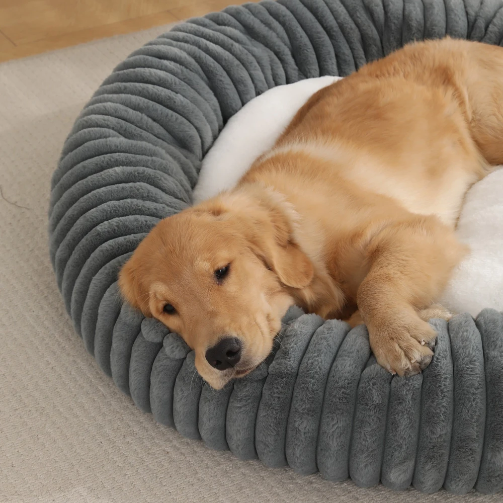 New Fur Round Donut Dog Bed Luxury Comfortable Washable Warm Pet Bed Cat Mat Faux Rabbit Fur for Small Large Dogs Pack of 2