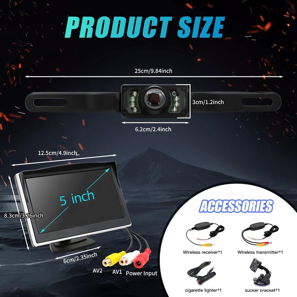 HD 1080P Reversing Monitor, 5 Inch Display Backup Monitor Camera, License Plate Rear View Camera for Cars, Trucks and RVs - Image 2
