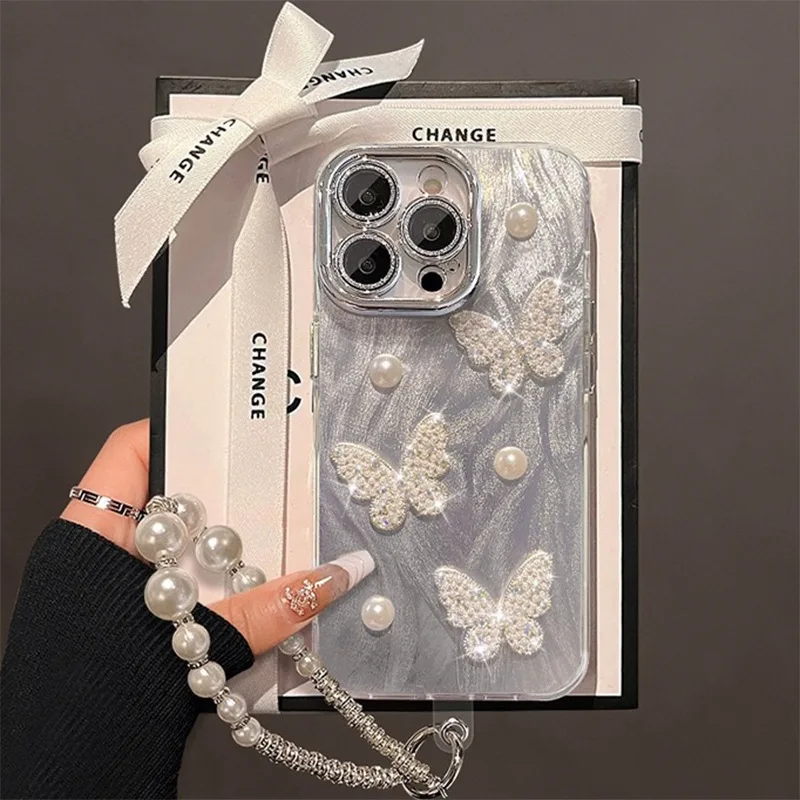 Pearl Butterfly Mobile Case Fully Wrapped Women's Fashion Luxury Design Phone Cover 15 14 Plus for iPhone 16 Pack of 5 - Image 3