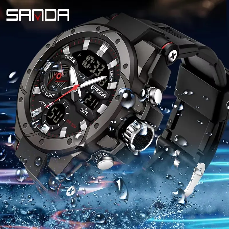 SANDA 3313 Brand Watch Electronics Men Sport Alarm Clock Waterproof Stopwatch Chronograph Men Wristwatches Quartz Digital Watch Pack of 2 - Image 2