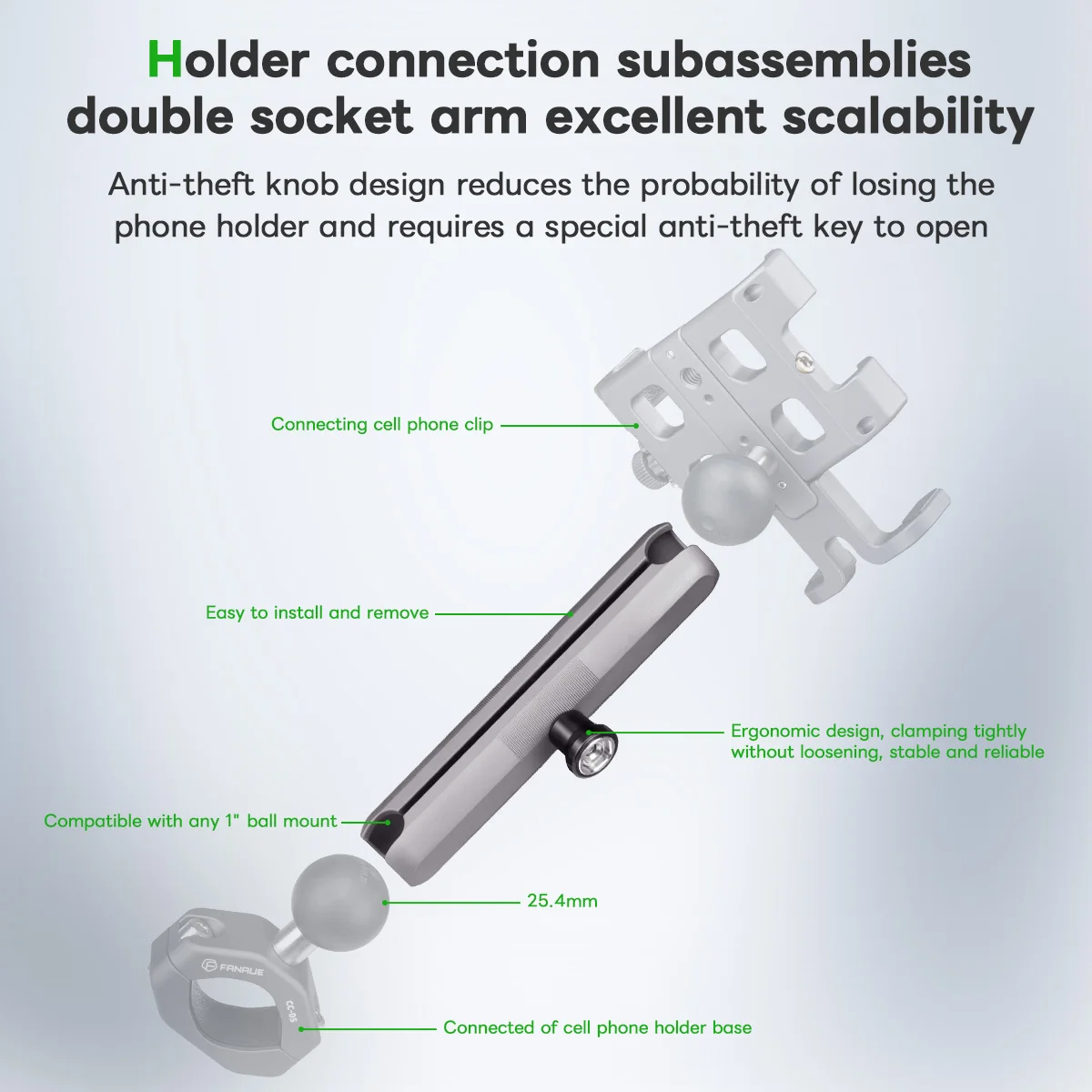 FANAUE-150F Anti-Theft Bike/Motorcycle Phone Holder with for RAM Mounts B Size Ball Head Double Socket Arm Flexible Features - Image 4