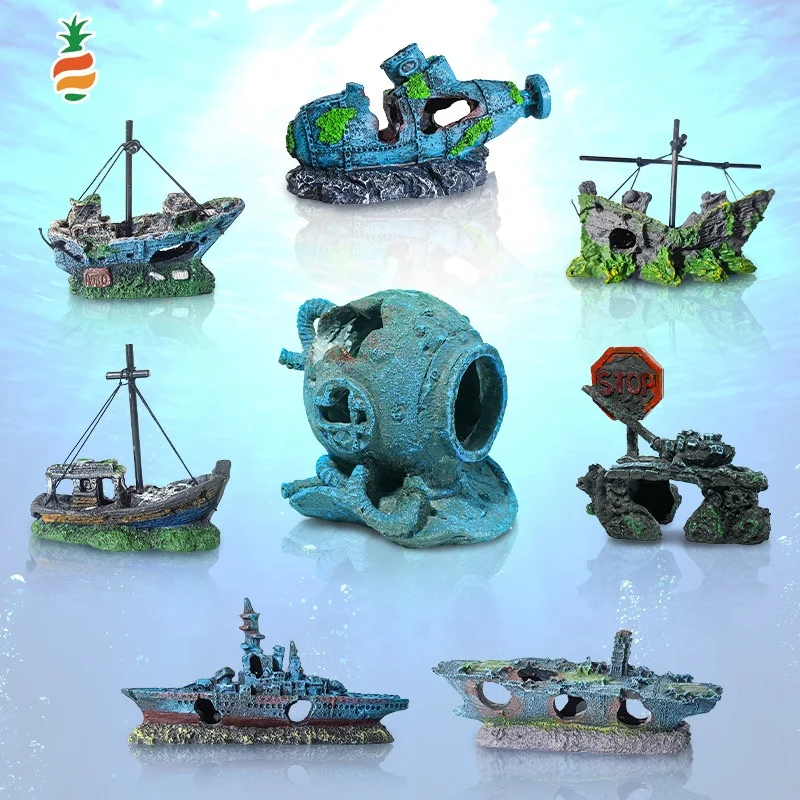 Wholesale Creative Resin Warship Ornament Broken Old Ship Underwater Aquarium Decoration for Living Room Landscaping Pack of 2 - Image 3