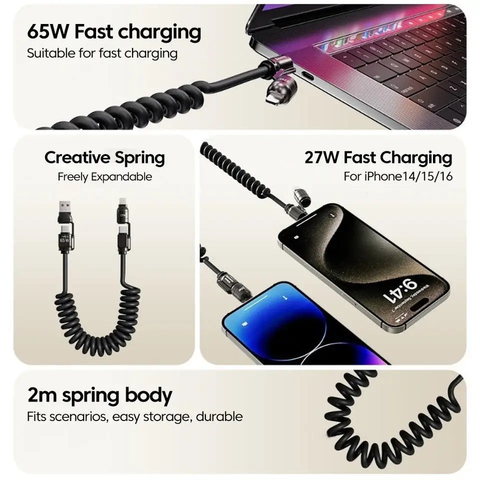 65W 5A Fast Charging TPE 4-in-1 USB-C//Spring Telescopic Mobile Phone Data Cable for iPhone for Pack of 200 - Image 2