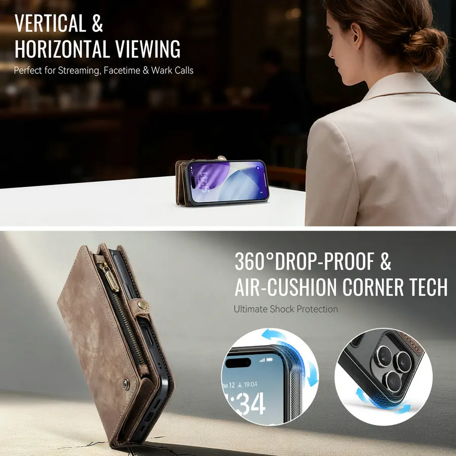 CaseMe PU Leather Case 16 15 14 13 12 11 7 8 Plus Pro Max Wallet 2 in 1 Detachable Flip Cover Cases for iPhone 17 Pack of 10 - Image 4