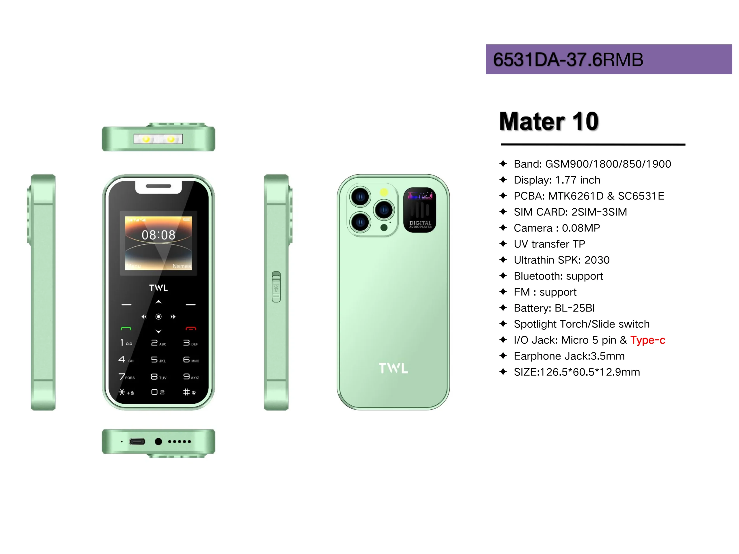 1.77inch Dual SIM Card Feature Phone 2G bar phone Flashlight Games Photos FM basic phoneType-c Fashion Design Big Battery - Image 2
