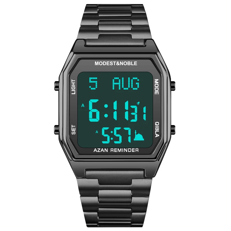 Qibla Compass Stainless Steel Sport Alarm Islamic Watch with Prayer Time Muslim Calendar LED Display Azan Feature Stop Watch Pack of 2 - Image 3