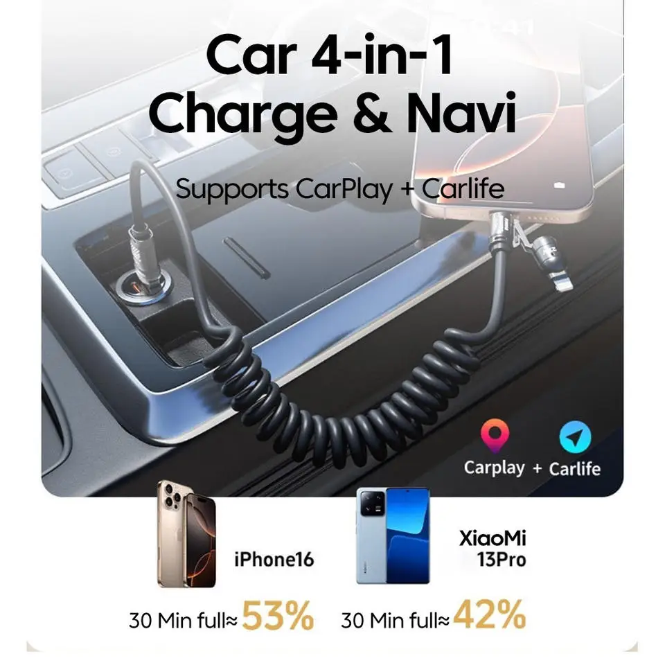 65W 5A Fast Charging TPE 4-in-1 USB-C//Spring Telescopic Mobile Phone Data Cable for iPhone for Pack of 200 - Image 4