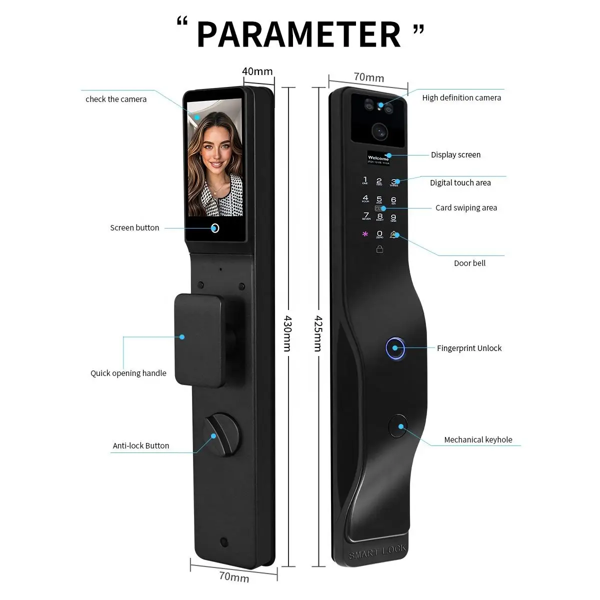 Face Recognition Smart Door Lock Israel Mortise Wifi Fingerprint Cerradura Tuya Inteligente Digital Lock With Camera for Home - Image 2