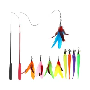 Classic Fashion Cat Toys Interactive Retractable Wand and Feather Toys with Nylon Material for Indoor Cats' Exercise and Play Pack of 10