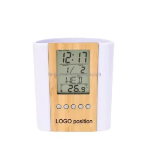 Office Stationery Business Gifts Electronic Digital Bamboo Pen Holder Penstand LCD Table Clock Pack of 100