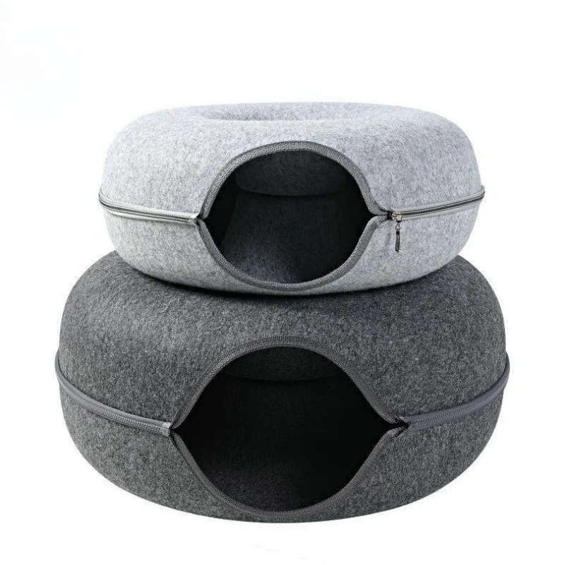 Cat Tunnel Bed Solid Pattern Donut Shape Doughnut Felt Pet Accessories Comfortable Closed Tire for Pets - Image 4
