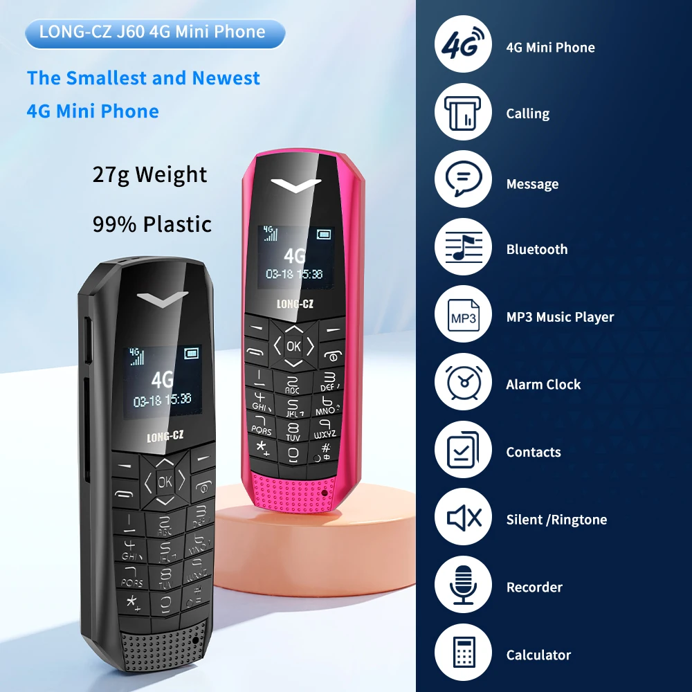 LONG-CZ J60 Small 4G Mobile Phone Mini 0.66" BT Recorder Alarm Clock MP3 Player Long Standby Bar Button Cell Phone Pack of 5 - Image 3