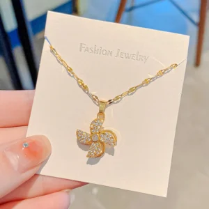 Stock 18k Gold Plated Stainless Steel Rotatable Windmill Necklace Jewelry Open Adjustable Zircon Windmill Ring for Women Pack of 12