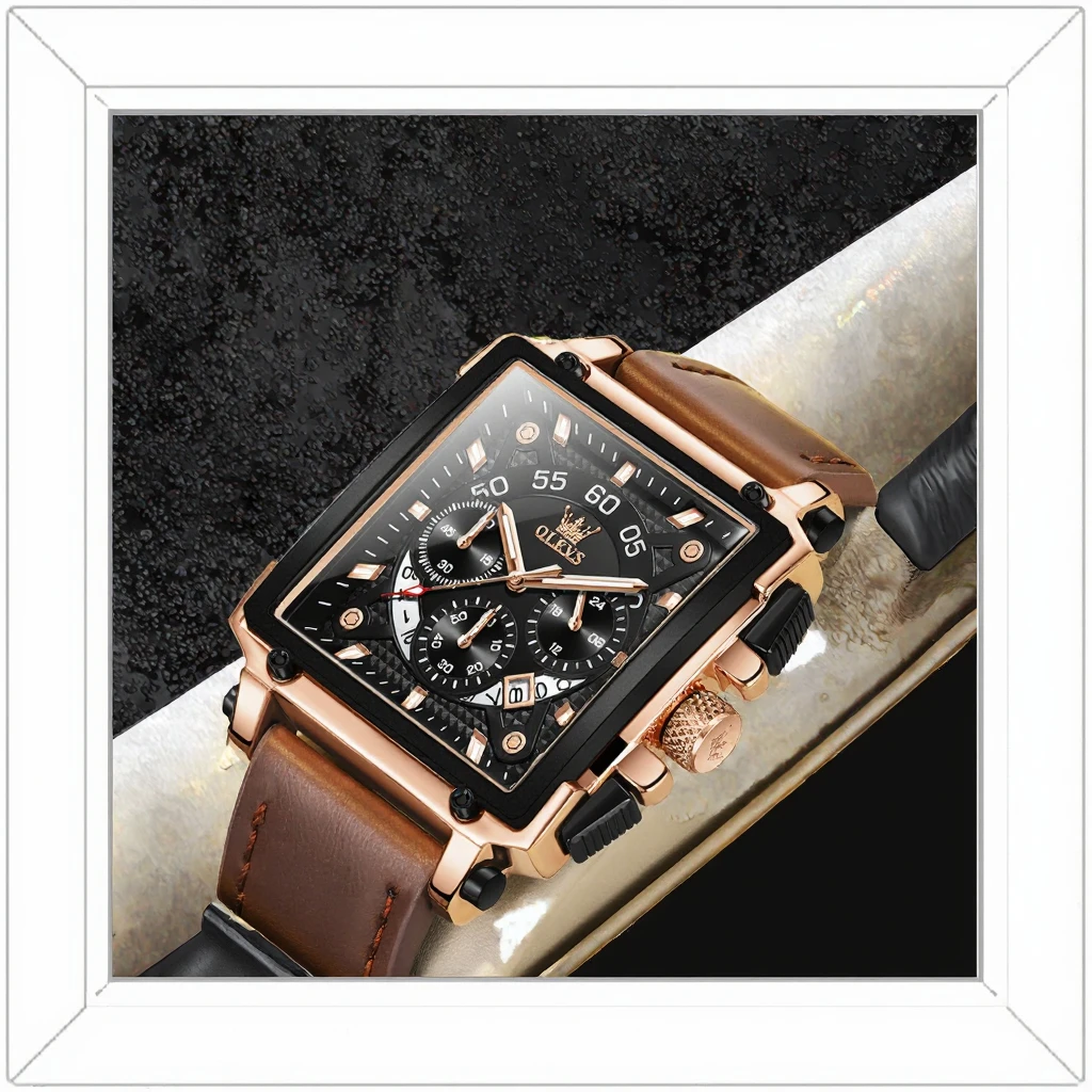 For OLEVS 9919 Men's Luxury Sports Quartz Wrist Watch Square Red Analog 40mm Waterproof Stopwatch Alloy Rubber Leather Relogio - Image 3
