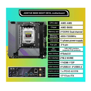 JGINYUE B650i Night Devil AM5 DDR5 Motherboard Supports R7000 Series CPU Processors DDR5 ITX Motherboard