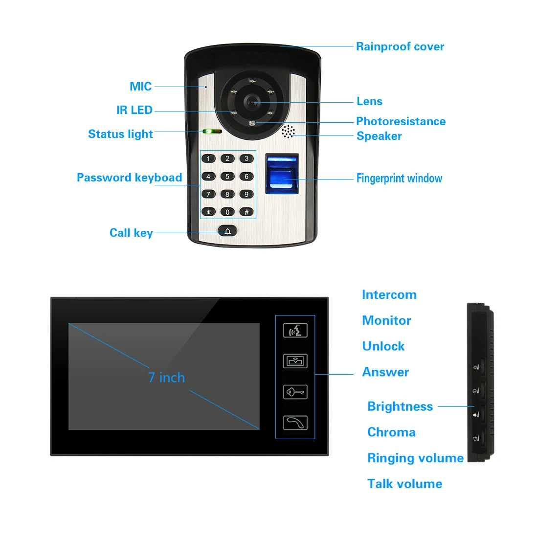 Wired 7"TFT Touch Screen Color LCD Door Phone Wired Video Intercom 1or 2 Monitor Doorbell - Image 2