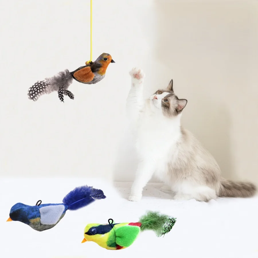 High Quality Lifelike Interactive Cat Bird Toys Feather Squeaky Calling Sound Catnip Durable Hanging Retractable Cat Teaser Toys