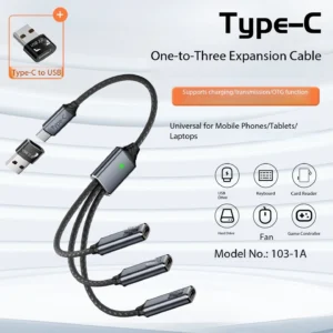JILIAN Type-C 3-in-1 Expansion Cable USB 2.0 Adapter One-to-Three Multi-Function Converter for Mobile Phone Weaving Material Pack of 20