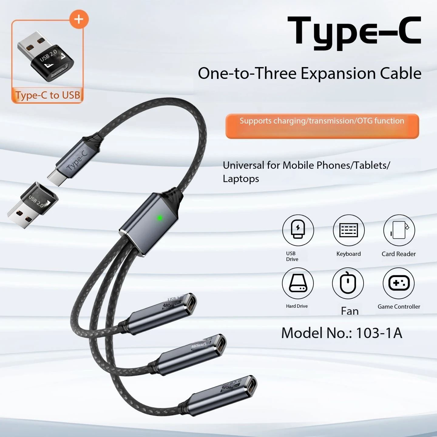 JILIAN Type-C 3-in-1 Expansion Cable USB 2.0 Adapter One-to-Three Multi-Function Converter for Mobile Phone Weaving Material Pack of 20