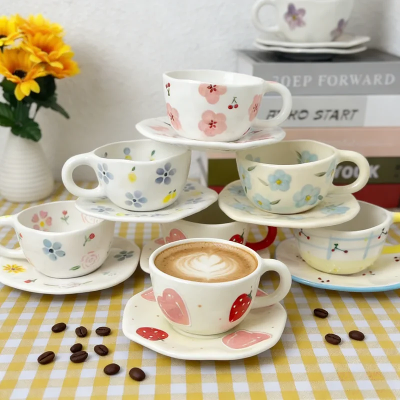 Japanese Retro Handmade Irregular Ceramic Cup With Plate Printed Coffee Mug Unique Patterned Tea Cup Set Pack of 2 - Image 2