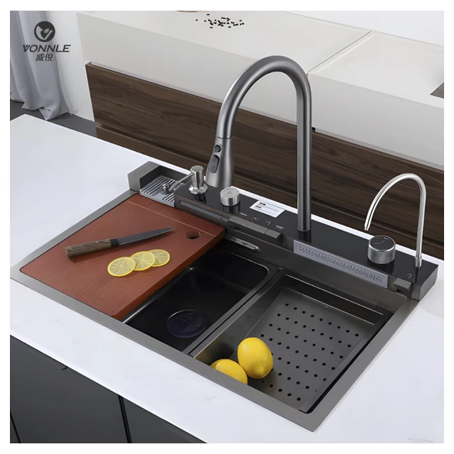 Modern LED Digital Display Waterfall Single Bowl Black Multifunctional Undermount 304 Stainless Steel Smart Kitchen Sinks - Image 2