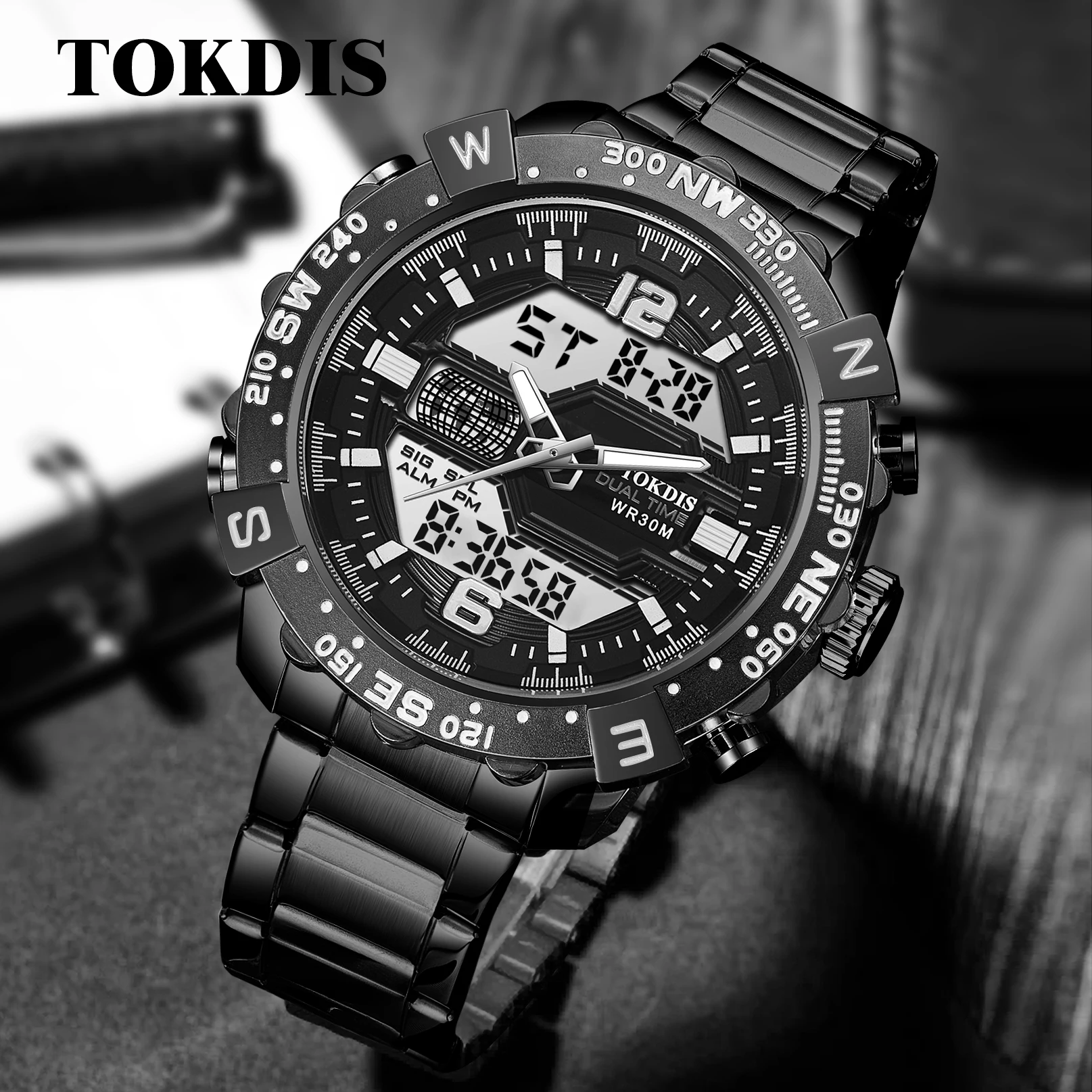 TOKDIS Men's Fashion Sports Watch with Stainless Steel Strap Waterproof Electronic Stopwatch Double Display Alloy Case Pack of 5 - Image 4