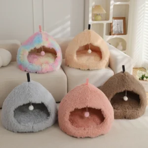 Dropshipping Multi Colors Winter Cozy Luxury Pet Bed House Fluffy Plush Warm Washable Portable Cat Cave for Indoor with Ball Toy