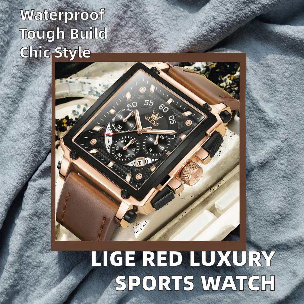 For OLEVS 9919 Men's Luxury Sports Quartz Wrist Watch Square Red Analog 40mm Waterproof Stopwatch Alloy Rubber Leather Relogio - Image 4