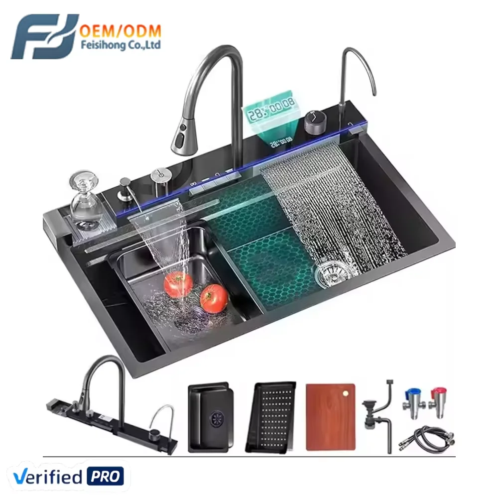 FSH OEM Black LED Waterfall Composite Sink Dish Washer Sink Smart Faucet Basin Dishwasher Stainless Steel Kitchen Sinks