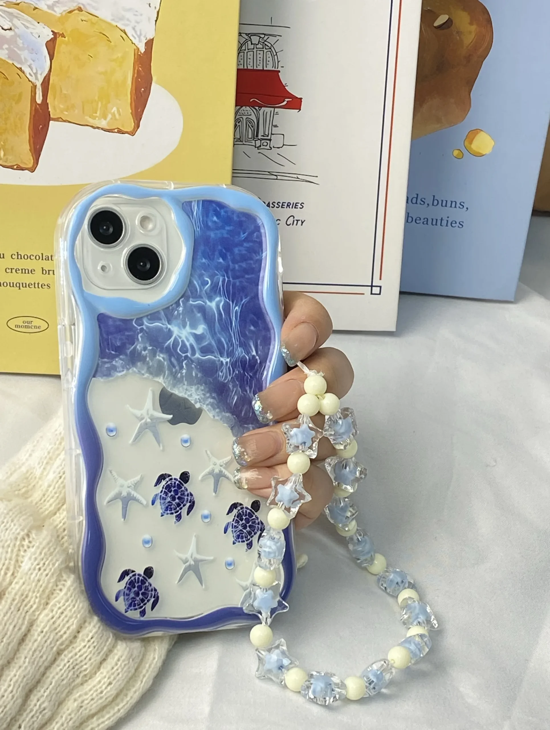 for Mobile Phone Cases Ocean Wave Turtle Beaded Lanyard Curly Frame Soft TPU Cover UV Painting Case Pack of 5 - Image 4