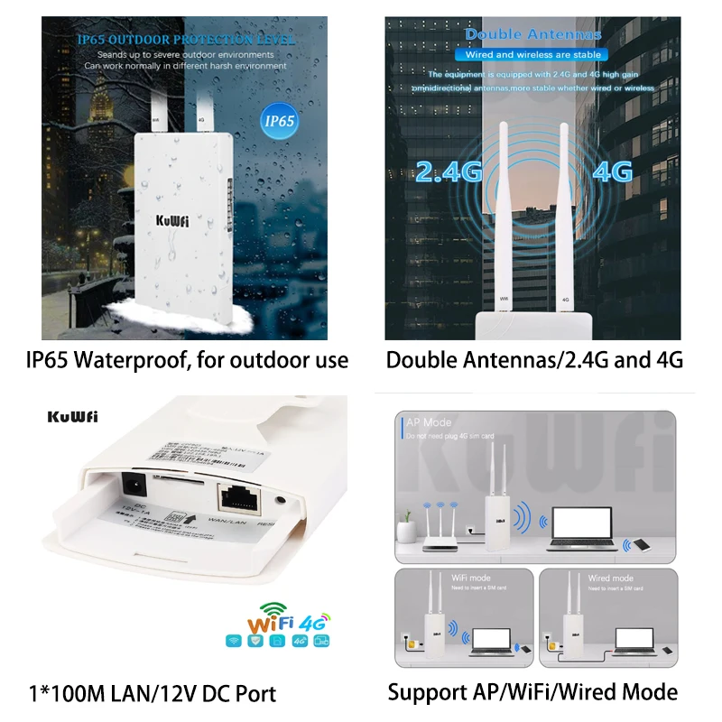 Outdoor 4G KuWFi High Speed 300Mbps Sim Card Router RJ45 Port White Outdoor 4g Lte Wifi Router for Ip Camera Pack of 2 - Image 2