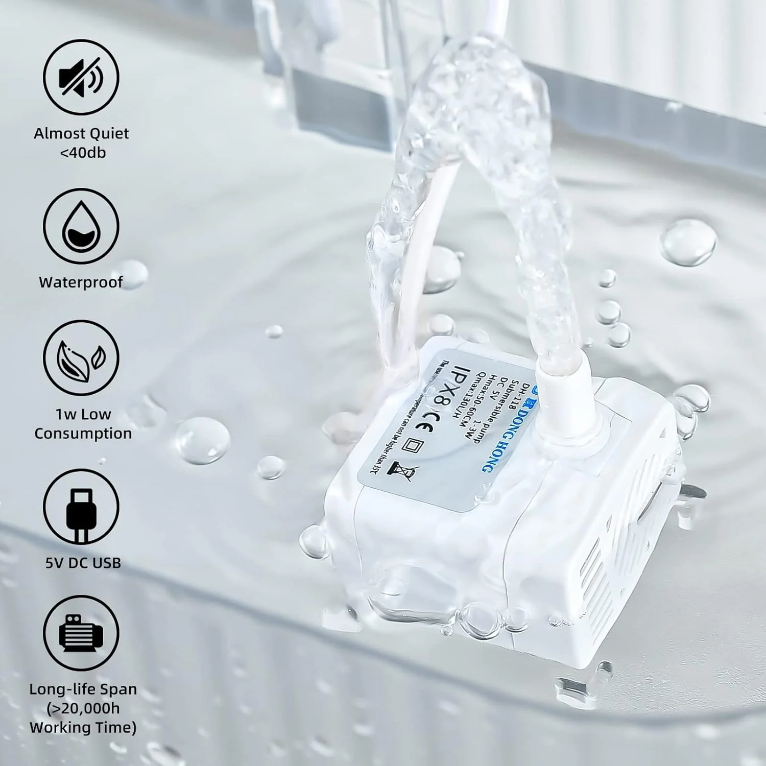 DC 5V 150L/H Water Pump with Lamp & Censor Auto-Shutdown for Pet Water Fountain USB Charged Submersible Water Pumps Pack of 10 - Image 3