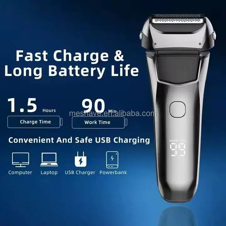 IPX6 Professional USB Rechargeable Electric Shaver Men's Facial Trimmer Triple Blade German Waterproof Foil Shaver Portable Body Pack of 20 - Image 4