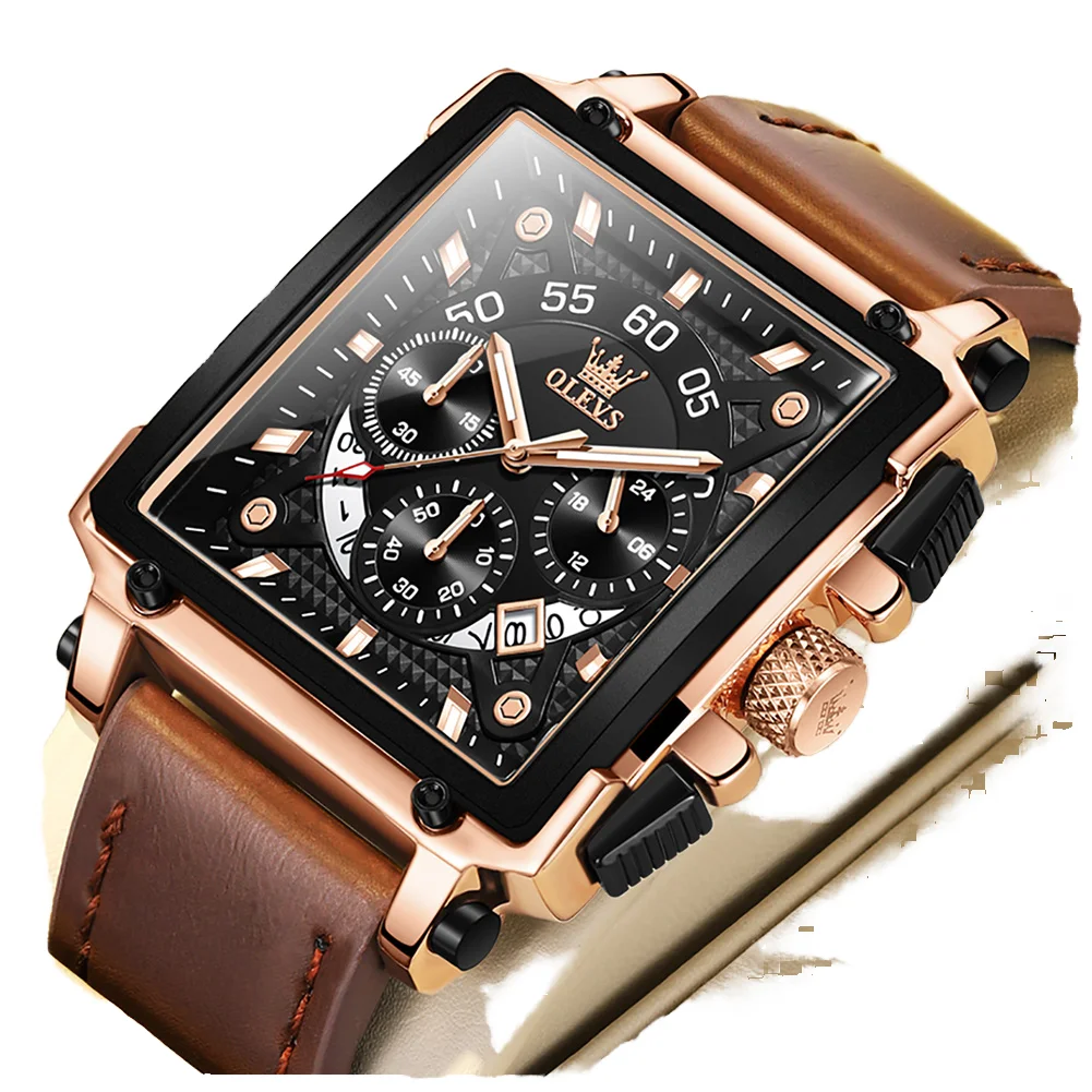 For OLEVS 9919 Men's Luxury Sports Quartz Wrist Watch Square Red Analog 40mm Waterproof Stopwatch Alloy Rubber Leather Relogio - Image 2
