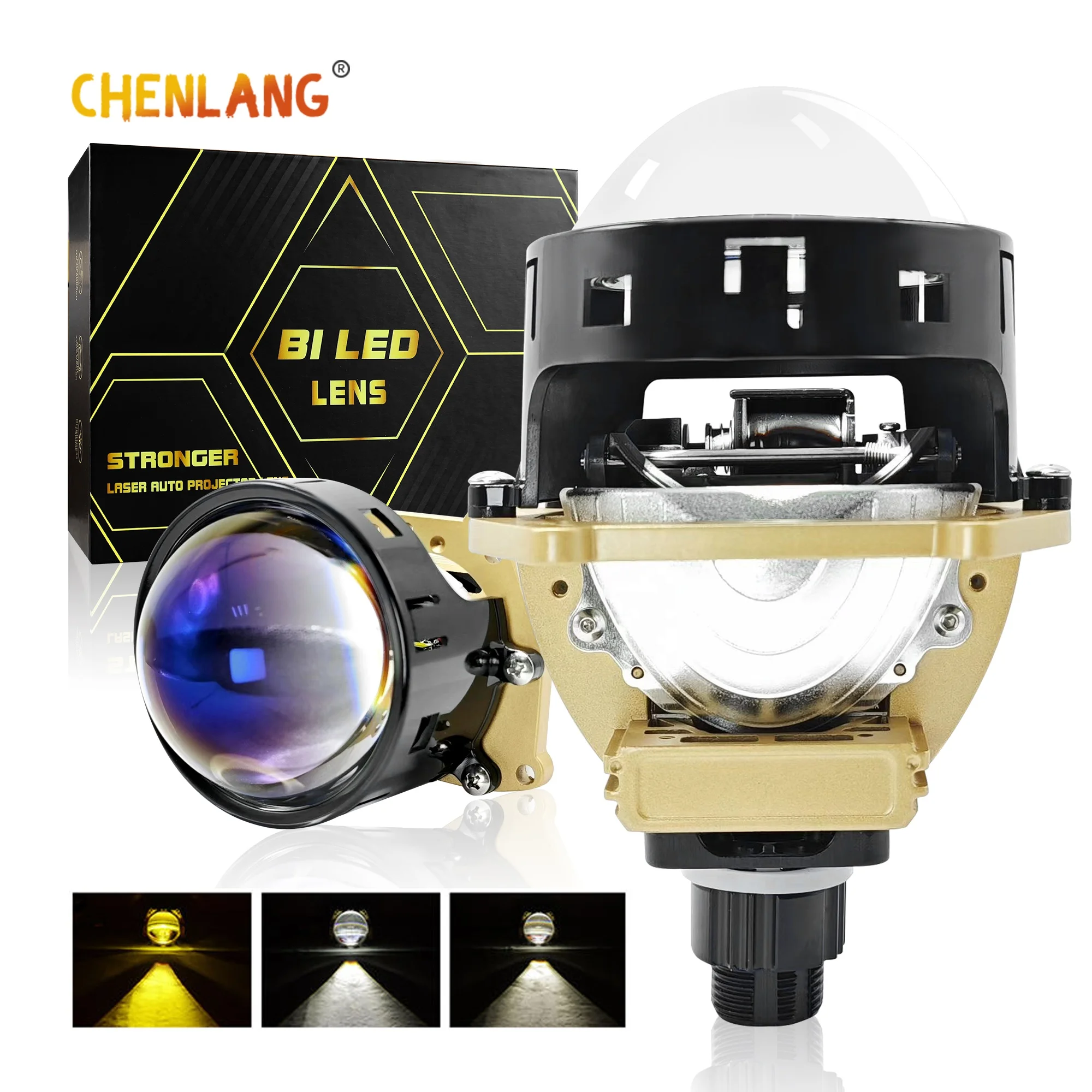 Chenlang New Design 3 Inch 110W Bi Led Projector Lens Lossless Installation Three Colors White Warm White Yellow Car Headlights Pack of 2